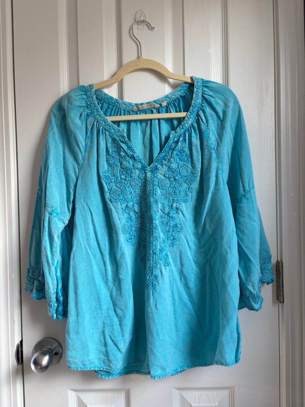 Soft Surroundings Gwyneth Embroidered V-Neck Boho Peasant Tunic Top Size PM